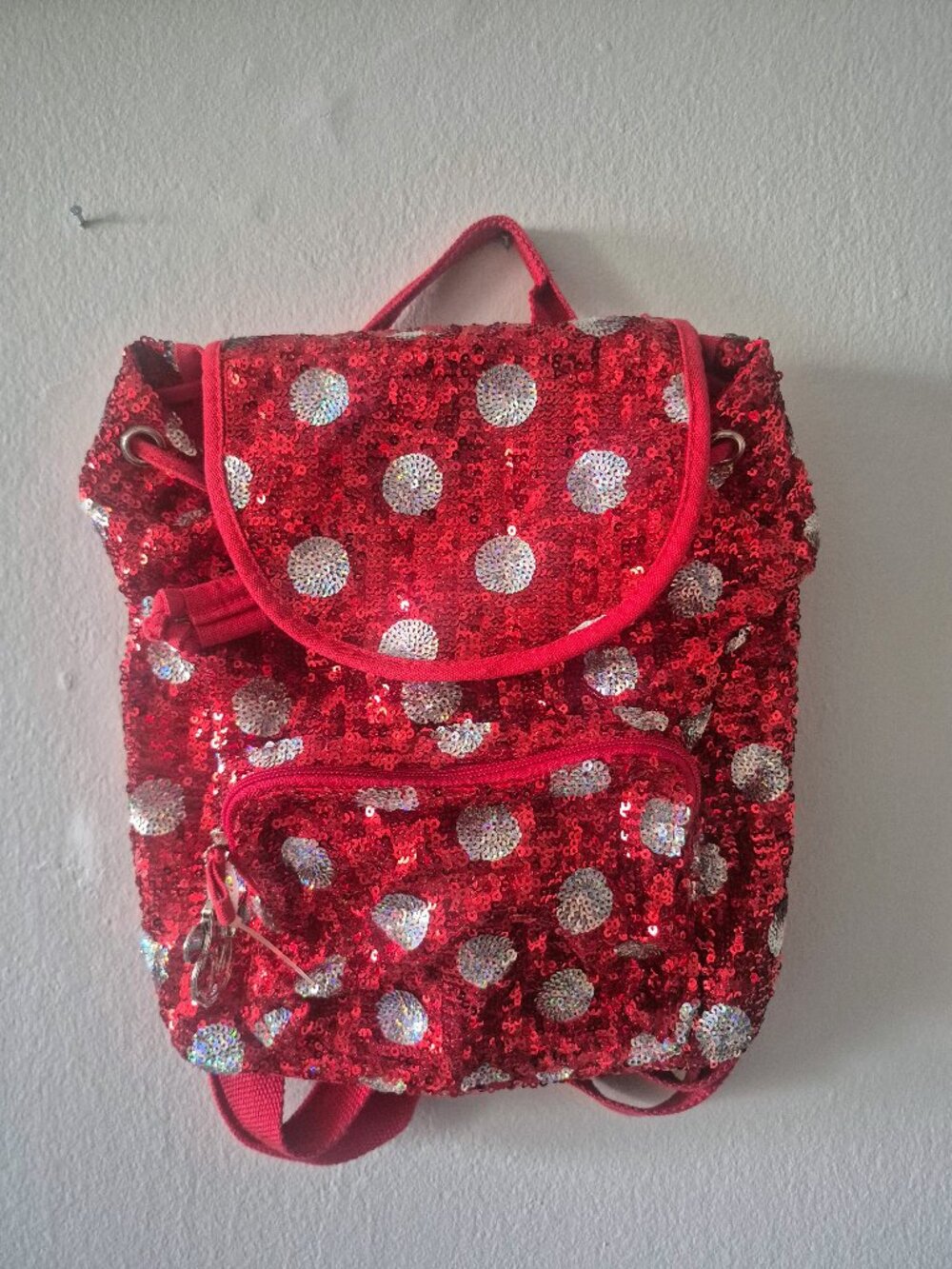 Disney Parks Minnie Mouse Red Sequin Polka Dot Drawstring Backpack